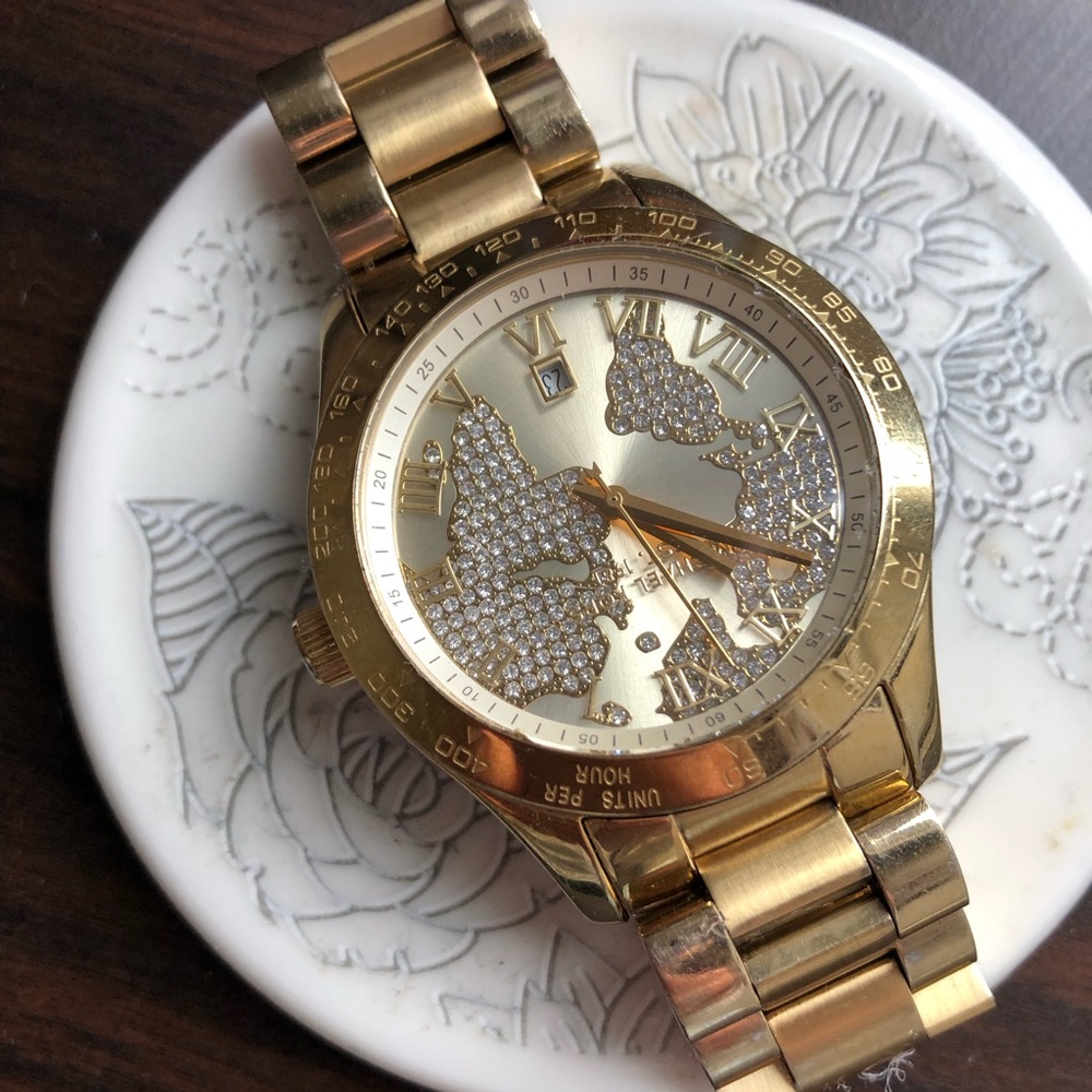 Gold Michael Kors diamond world map watch
